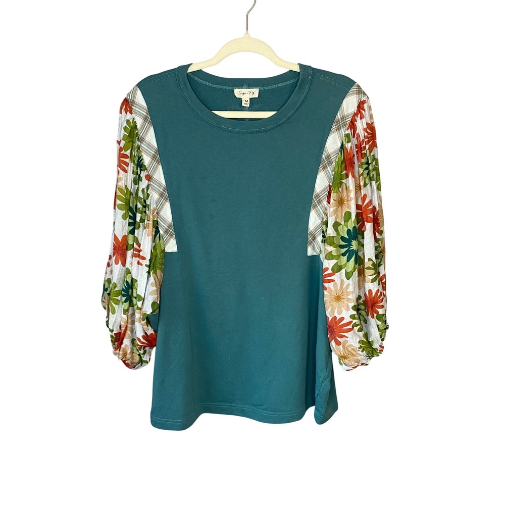 Sage + Fig Womens Teal Floral Mixed Media Heart Back Balloon Sleeve Top Medium